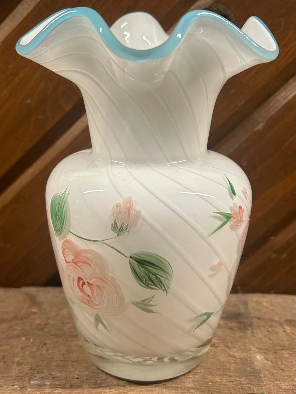 Vintage Fenton for Teleflora Hand-Painted White Optic Swirl Vase
